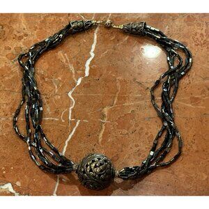 IRIDESCENT BRONZE BROWN BEAD GOLD FILIGREE BALL PENDANT 5 STRAND 22" Necklace EU